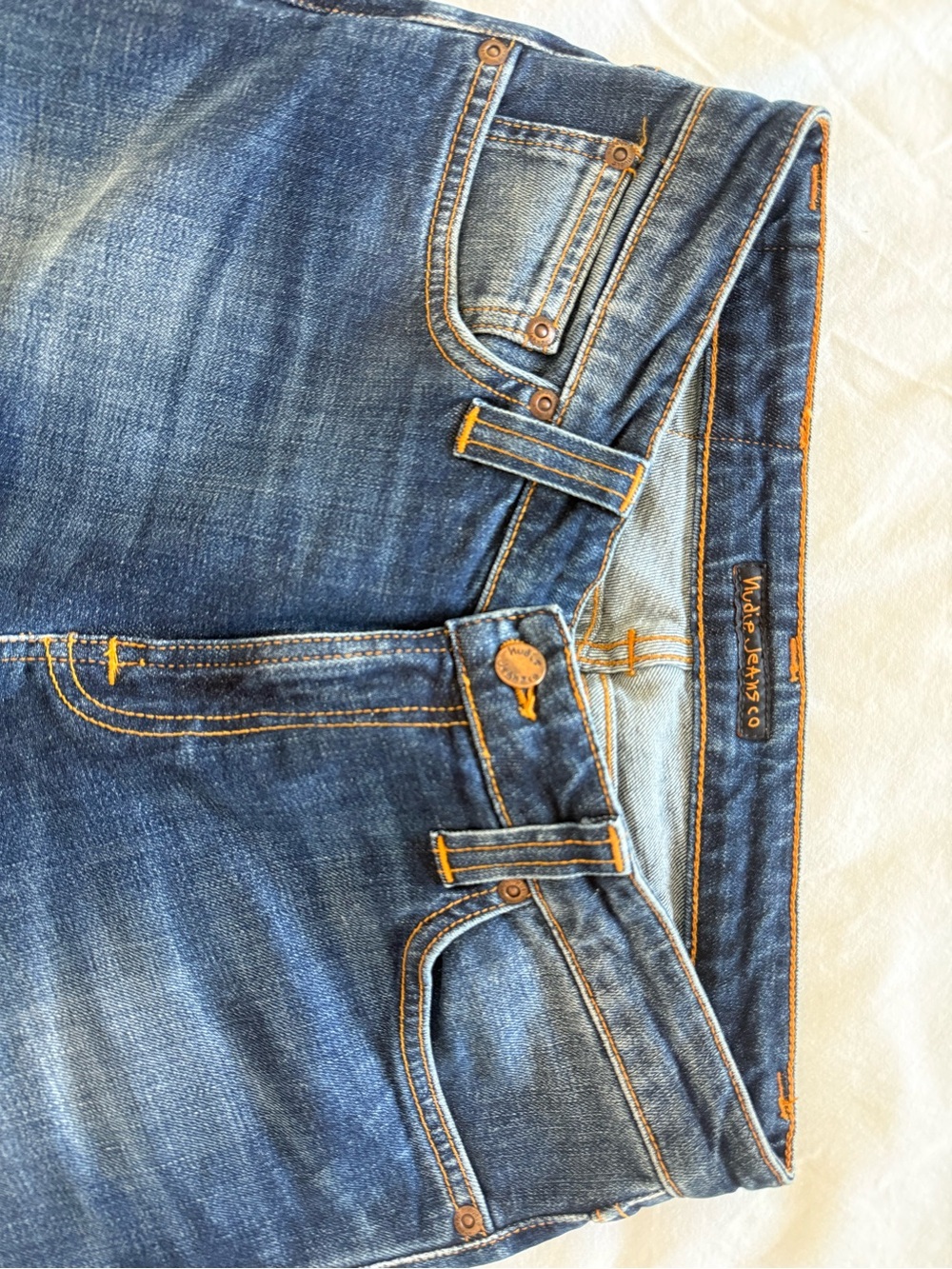Nudie Jeans Dark Blue Denim Jeans with Orange Stitching